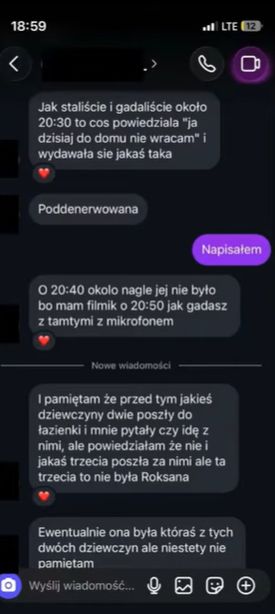 Screenshot wiadomości opublikowany w materiale na kanale Podejrzani