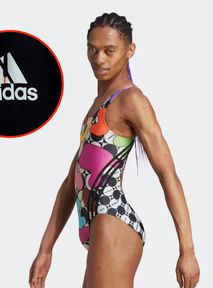 Adidas collection for Pride Month. Men's model in women's swimwear