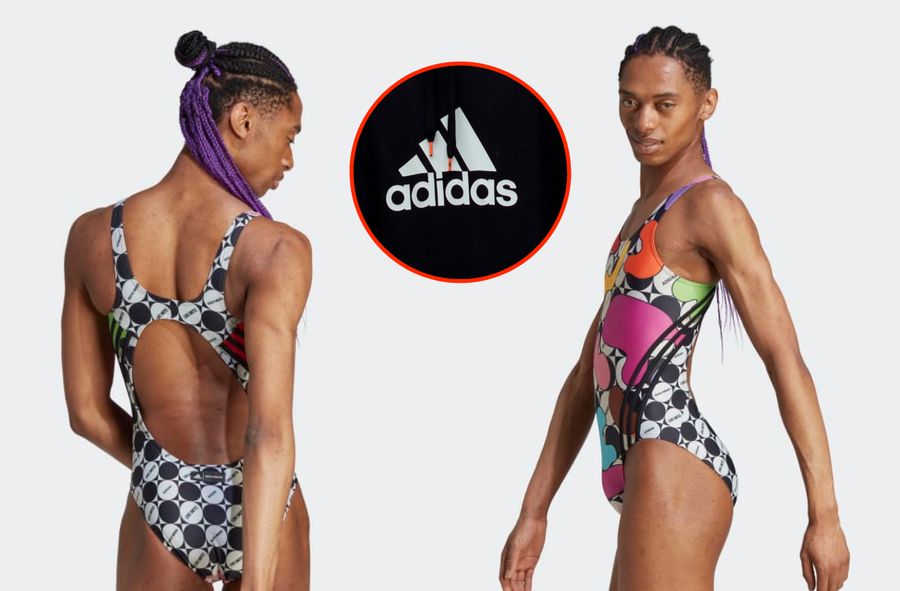 Adidas collection for Pride Month. Men's model in women's swimwear