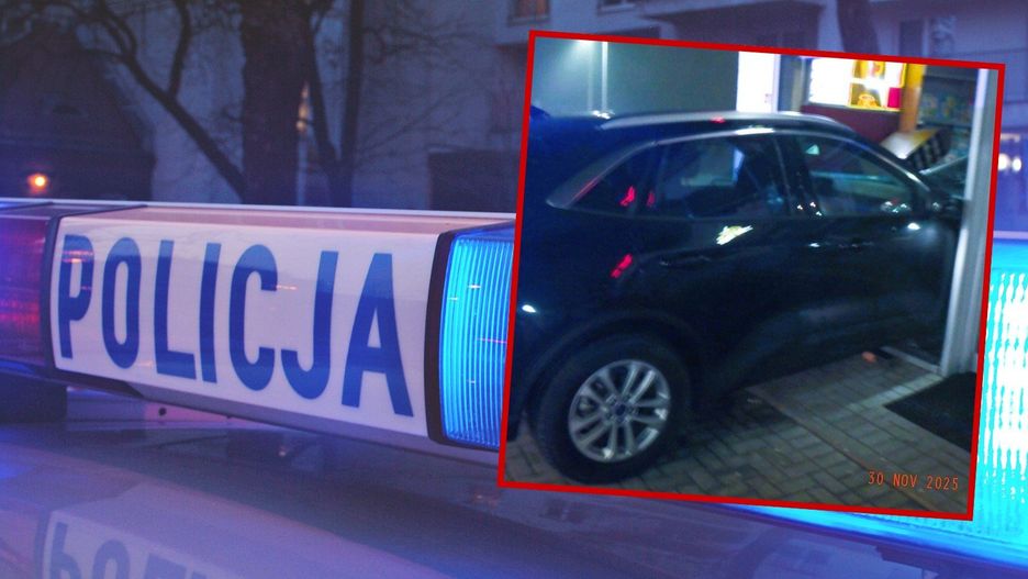 Nietypowa kolizja w centrum miasta. 69-latek wjechał autem w budynek stacji paliw