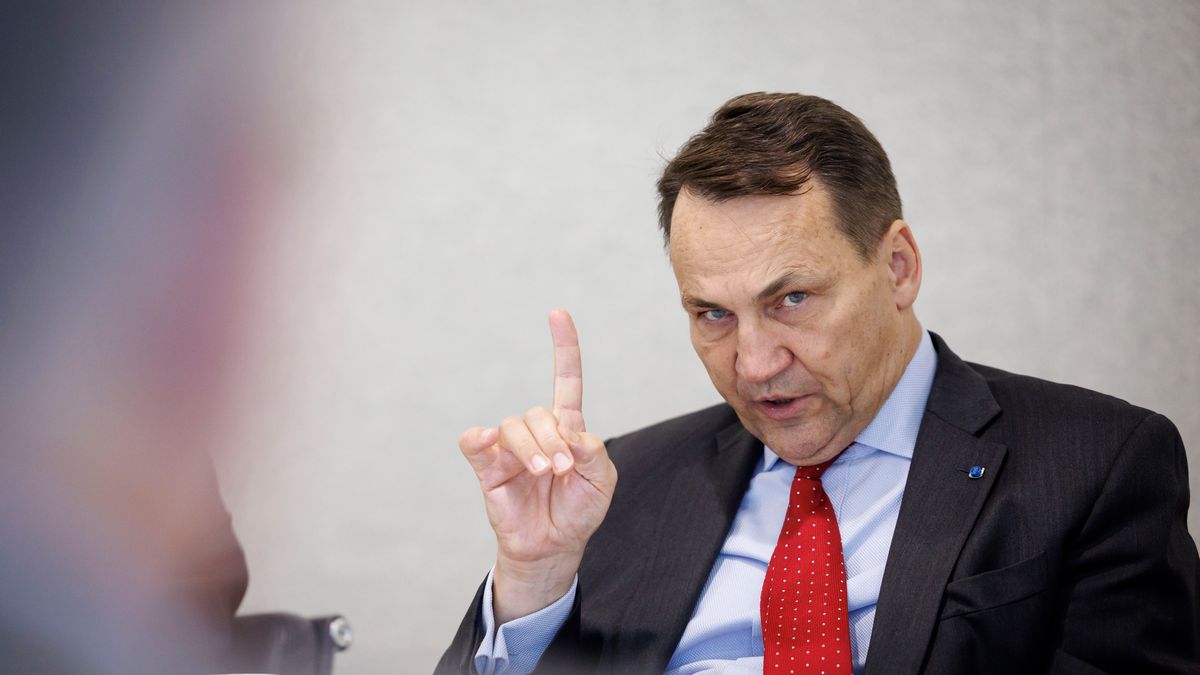 Radoslaw Sikorski, Poland's foreign minister, speaks during an interview in Washington, DC, US, on Friday, Sept. 20, 2024. Poland will ask the European Commission to adjust its recommendations for budget deficit cuts in the coming years due to rebuilding costs after floods hit the country's southwest. Photographer: Ting Shen/Bloomberg via Getty Images