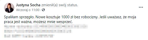 Justyna Socha zbiera pieniądze na naprawę sprzęgła. Liczy, że internauci pokryją koszt naprawy 