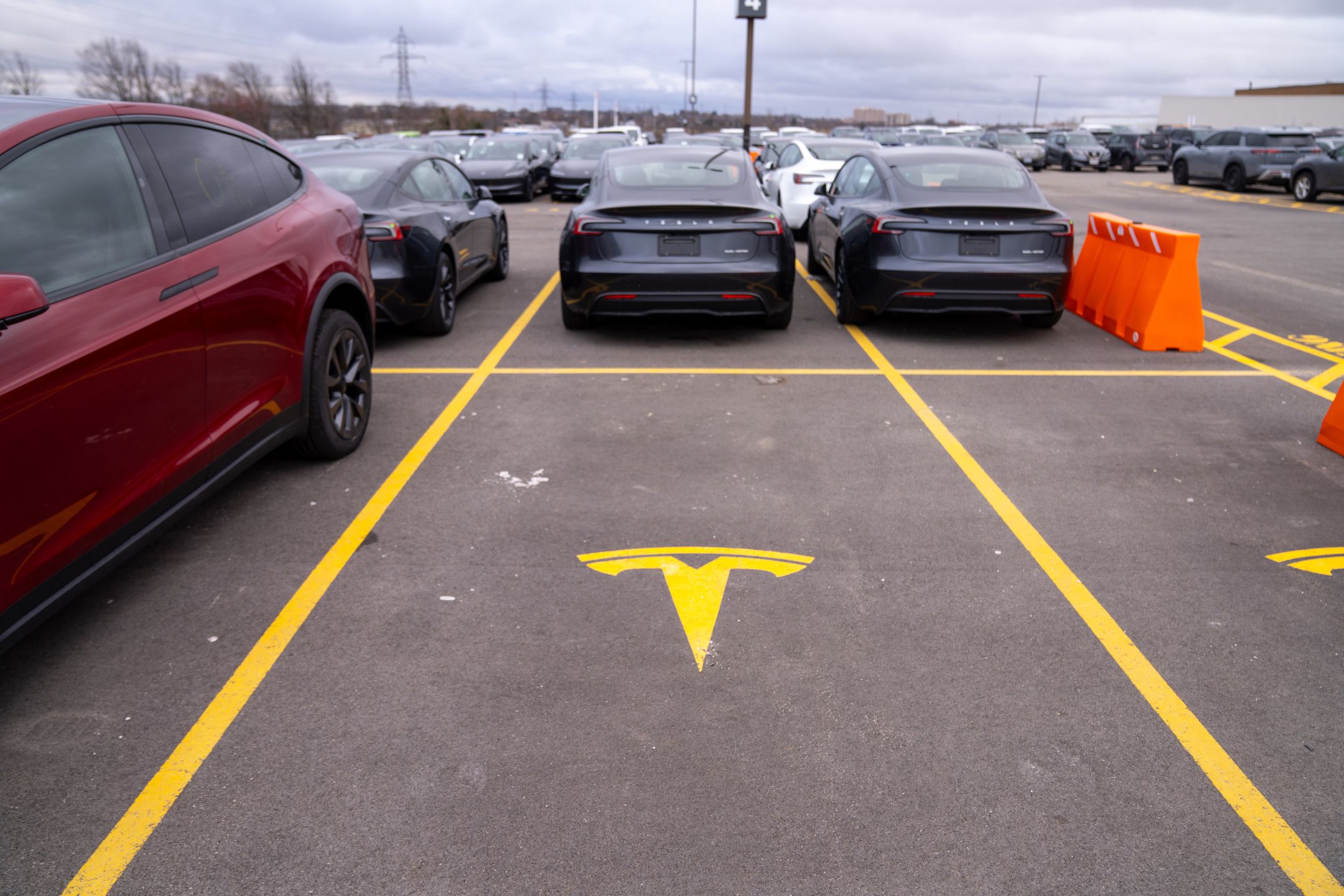 HAMILTON, CANADA - MARCH 20: The logo of a Tesla dealership in a parking spot on March 20, 2025 in Hamilton, Canada. 80 Teslas were damaged at the Hamilton dealership, making it the largest car vandalism reported in Canada against the U.S. company. (Photo by Katherine KY Cheng/Getty Images)