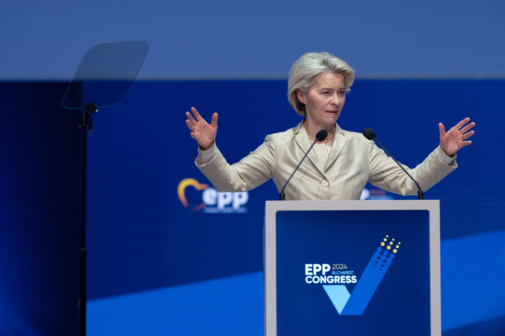BUCHAREST, ROMANIA - MARCH 7: Ursula von der Leyen, the President of the European Comission, gives a speech at the European People's Party (EPP) annual congress on March 7, 2024 in Bucharest, Romania. The EPP, a transnational party which includes many European Christian democratic and center-right parties, is bringing together leaders from across Europe for a two-day congress. The congress will cover the selection of the party's lead candidate for the European Commission presidency and preparing for the European Parliament elections in June.(Photo by Andreea Campeanu/Getty Images)