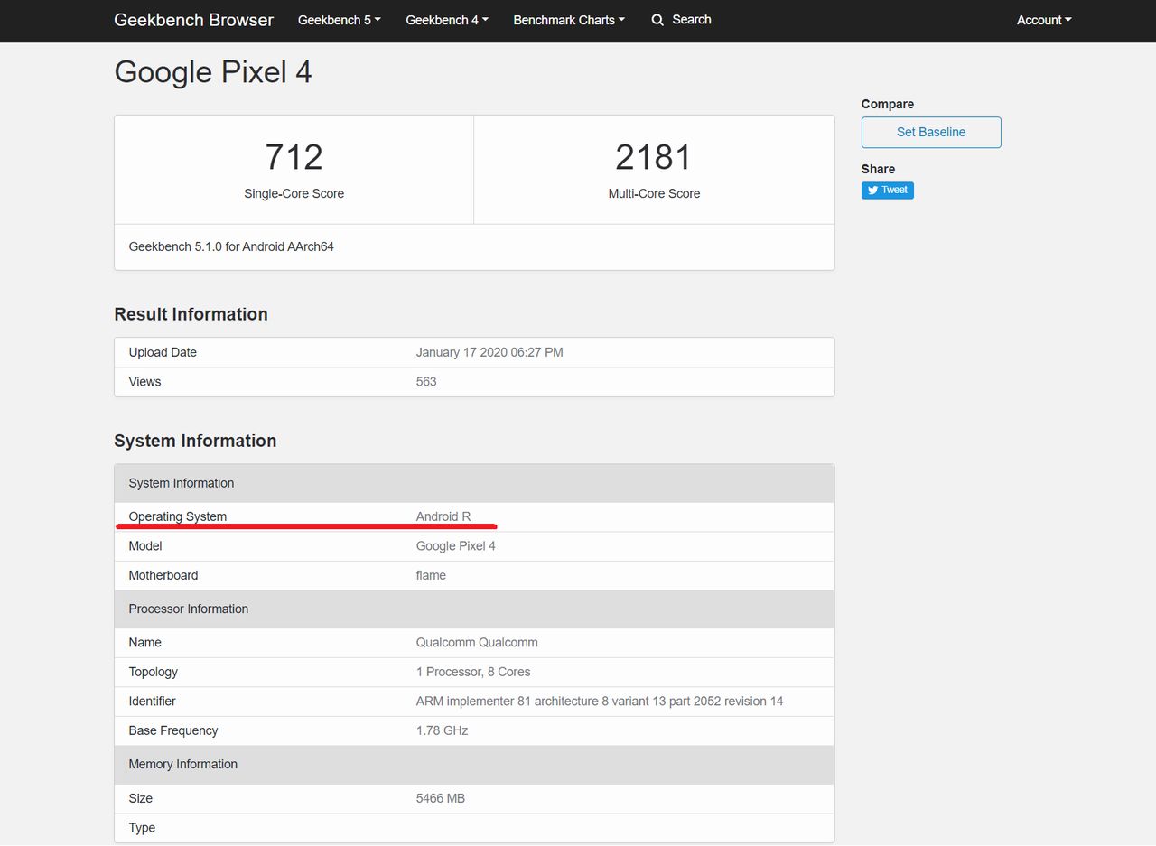 Wyniki testu Piksela 4 z Androidem R, źródło: Geekbench.