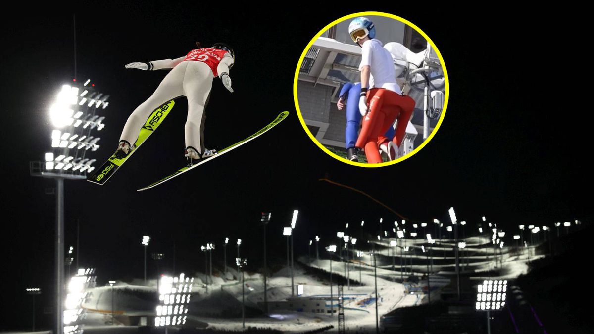 Skoczek w locie i strój szwajcarskiego zawodnika w Sapporo