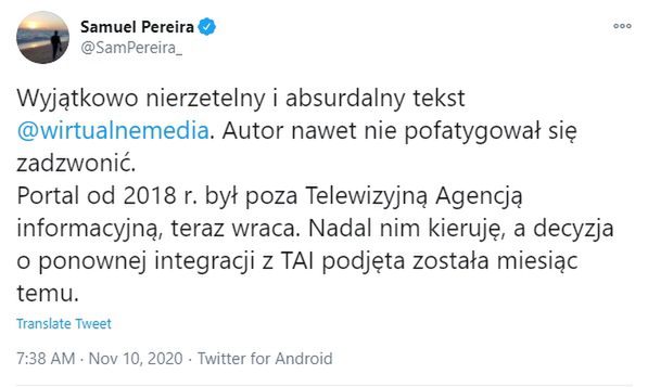 Samuel Perreira zaprzecz doniesieniom o zwolnieniu ze stanowiska szefa TVP.Info