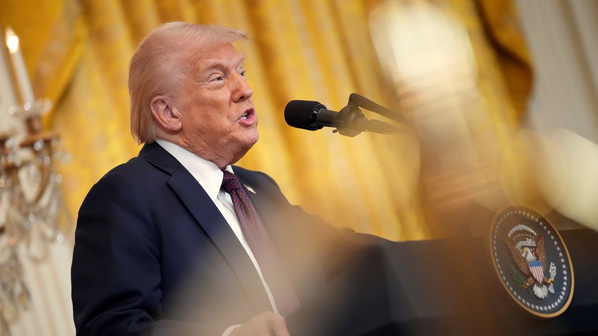 WASHINGTON, DC - FEBRUARY 27: U.S. President Donald Trump delivers remarks during a joint press conference with UK Prime Minister Keir Starmer in the East Room at the White House on February 27, 2025 in Washington, DC. Starmer is on his first visit to Washington since President Trump returned to the White House. Starmer's trip comes shortly after he announced an increase in UK defense spending, ostensibly as a signal to Trump that the UK is prepared to bolster Europe's security, and as he aims to broker a fair peace deal for Ukraine amid Trump's warming relations with Russia.  (Photo by Andrew Harnik/Getty Images)