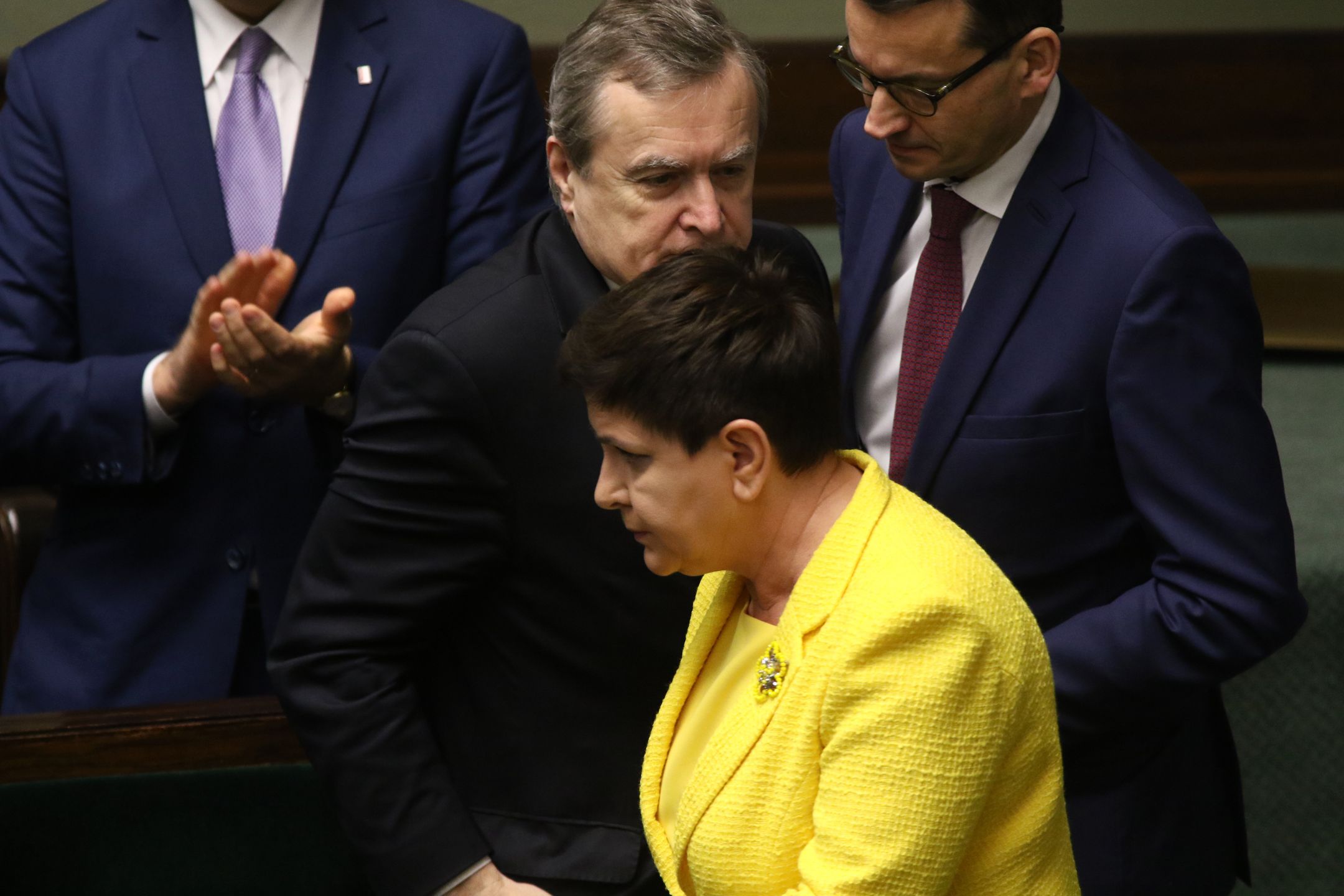 Premier Beata Szydło i wicepremierzy: Piotr Gliński i Mateusz Morawiecki podczas posiedzenia, na którym Sejm rozpatrywał wniosek o odwołanie Beaty Szydło
