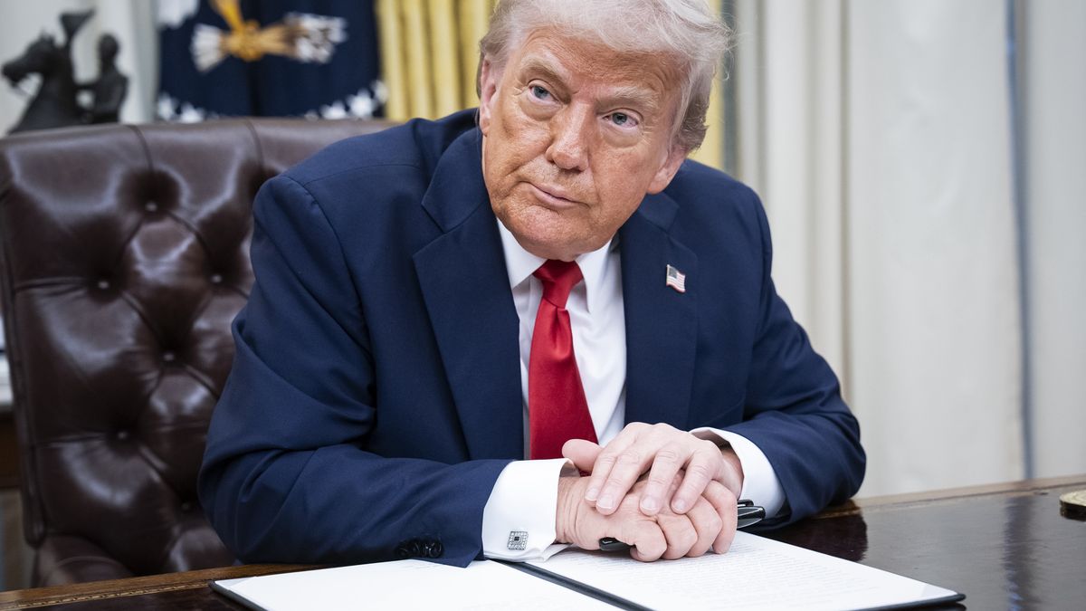 Washington, DC - March 31 : President Donald J Trump, with singer Kid Rock by his side, speaks to reporters and signs an executive order about enforcement in the concert and entertainment industry, in the Oval Office at the White House on Monday, March 31, 2025 in Washington, DC. (Photo by Jabin Botsford/The Washington Post via Getty Images)