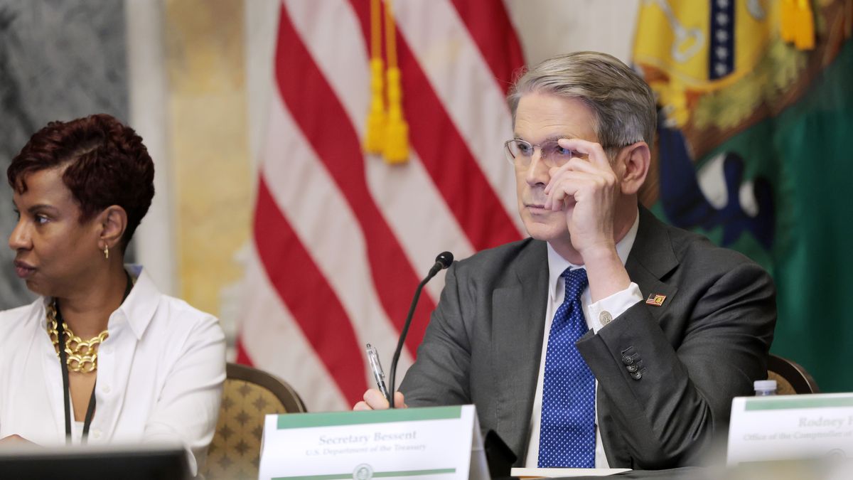 WASHINGTON, DC - MAY 29: U.S. Secretary of the Treasury Scott Bessent listens during a roundtable meeting at the U.S. Treasury Department on May 29, 2025 in Washington, DC. Bessent addressed participants in the Financial Literacy and Education Commission public meeting.  (Photo by Anna Moneymaker/Getty Images)
