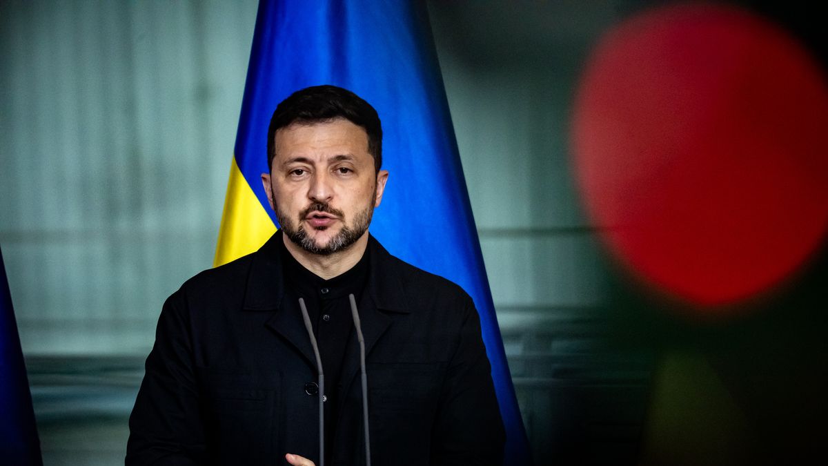 Ukrainian President Volodymyr Zelensky is pictured during a press conference with German Chancellor Friedrich Merz (not in the picture) in Berlin, Germany, on May 28, 2025. (Photo by Emmanuele Contini/NurPhoto via Getty Images)