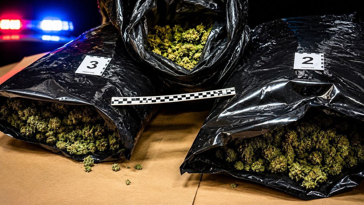 Policjant zabezpiecza worki z marihuaną w magazynie kuriera