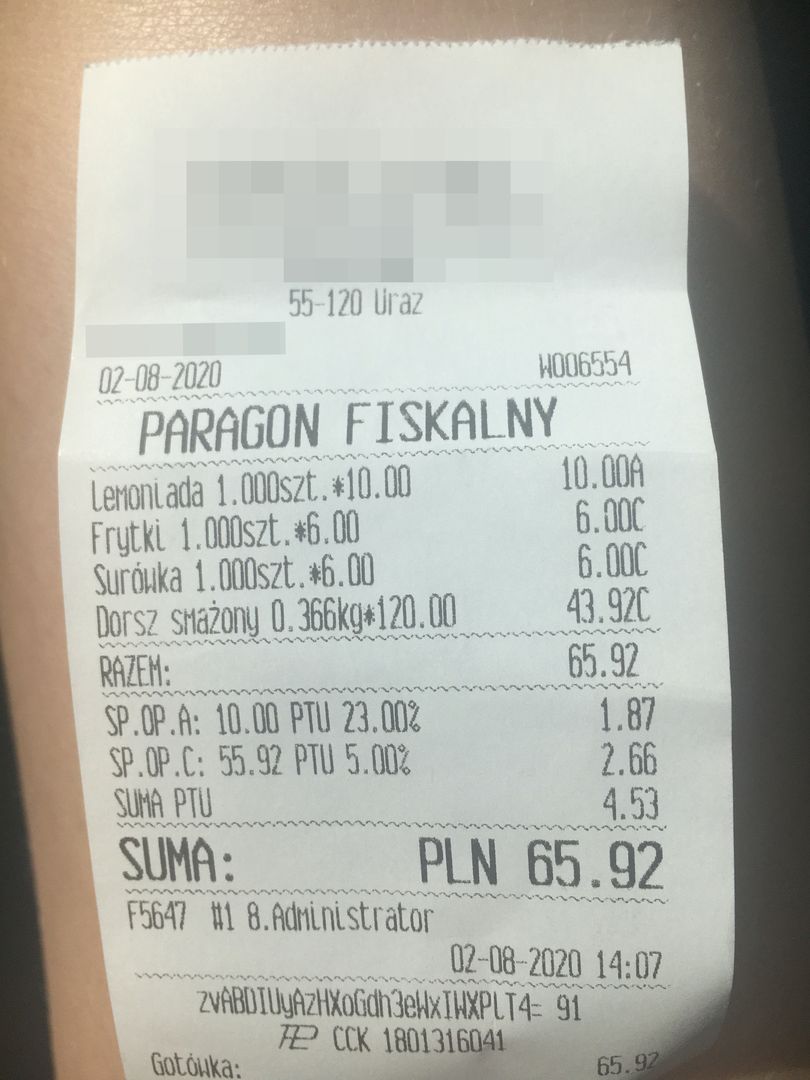 Paragon z restauracji w Urazie pod Wrocławiem