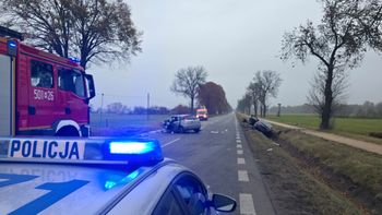 Groźny wypadek w Sieluniu. Auto wpadło do rowu po zderzeniu z jeleniem