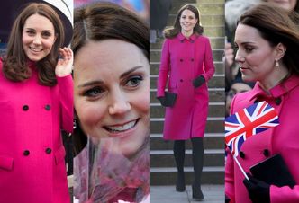 Ciężarna księżna Kate w różowym płaszczu za pięć tysięcy cieszy się ze spotkania z poddanymi (ZDJĘCIA)