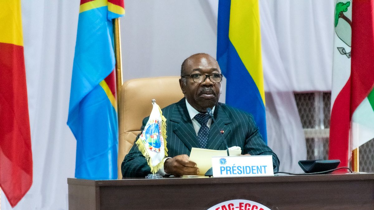 Gabonese President Ali Bongo Ondimba addresses the 22nd Ordinary Session of the Conference of Heads of State and Government of the Economic Community of Central African States (ECCAS) in Kinshasa on 25 February 2023. (Photo by: Guylain Kipoke/AfrikImages/Universal Images Group via Getty Images)