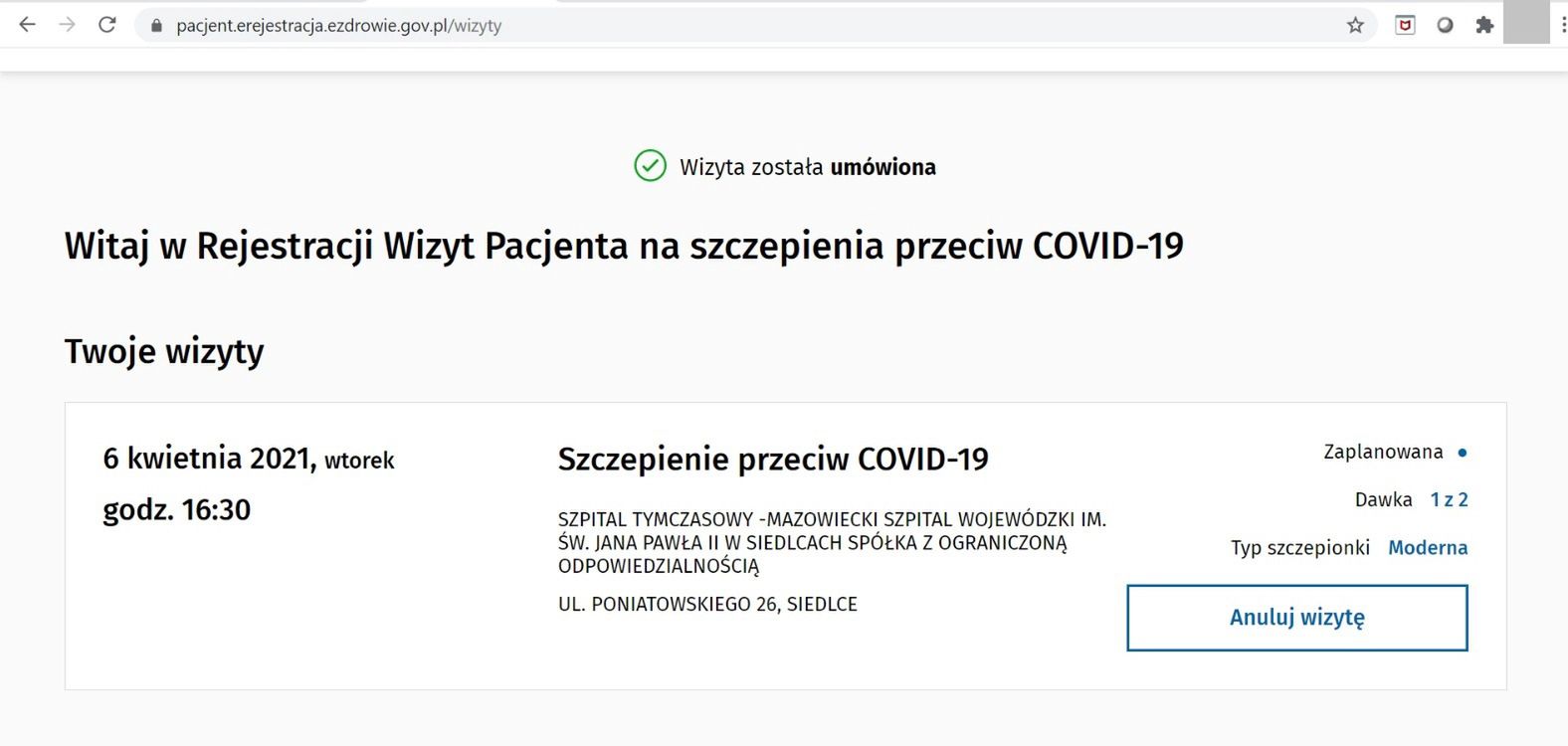 Potwierdzenie rejestracji na szczepienie.