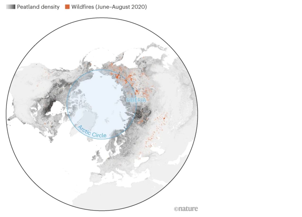 Płonące torfowiska. Pożary lasów wzdłuż koła podbiegunowego wypaliły miliony hektarów latem 2020 r. i ustanowiły rekord w emisjach gazów cieplarnianych. Wiele z nich wydarzyło się w glebach torfowych, wzbogaconych w materię organiczną, co było przyczyną, uwolnienia starożytnego węgla do atmosfery, w trakcie wypalania tych ekosystemów. Zagęszczenie torfowisk (kolor szary), pożary lasów w okresie czerwca-sierpnia 2020 r. (kolor pomarańczowy) Źródła: Copernicus Atmosphere Monitoring Service/European Centre for Medium-Range Weather Forecasts; Hugelius, G. et al. Proc. Natl. Acad. Sci. USA 117, 20438–20446 (2020)