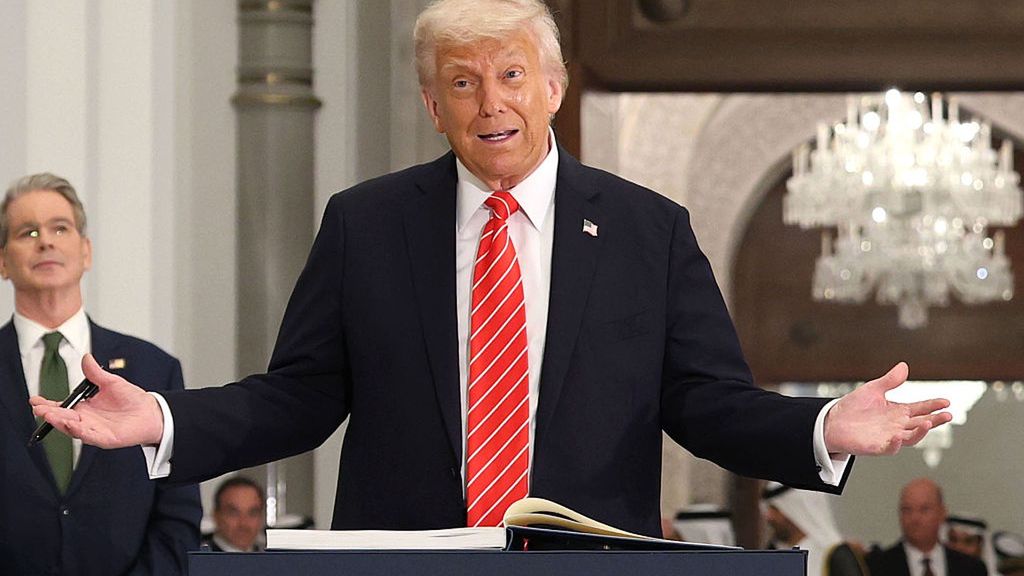 President Trump Makes First Middle East Trip Of His Second Term
DOHA, QATAR - MAY 14:  U.S. President Donald J. Trump attends a World Cup 2026 ceremony after a state dinner at the Lusail Palace on May 14, 2025, in Doha, Qatar. The visit underscores the strategic partnership between the United States and Qatar, focusing on regional security and economic collaboration.  (Photo by Win McNamee/Getty Images)
Win McNamee