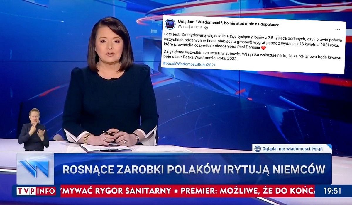 Danuta Holecka i jeden z najsłynniejszych "pasków", jakie pojawiły się w "Wiadomościach" na TVP. Dziś ona i Michał Adamczyk tworzą dwa różne programy informacyjne