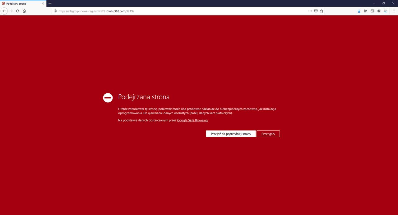 Alert o niebezpiecznej stronie na Firefoxie.
