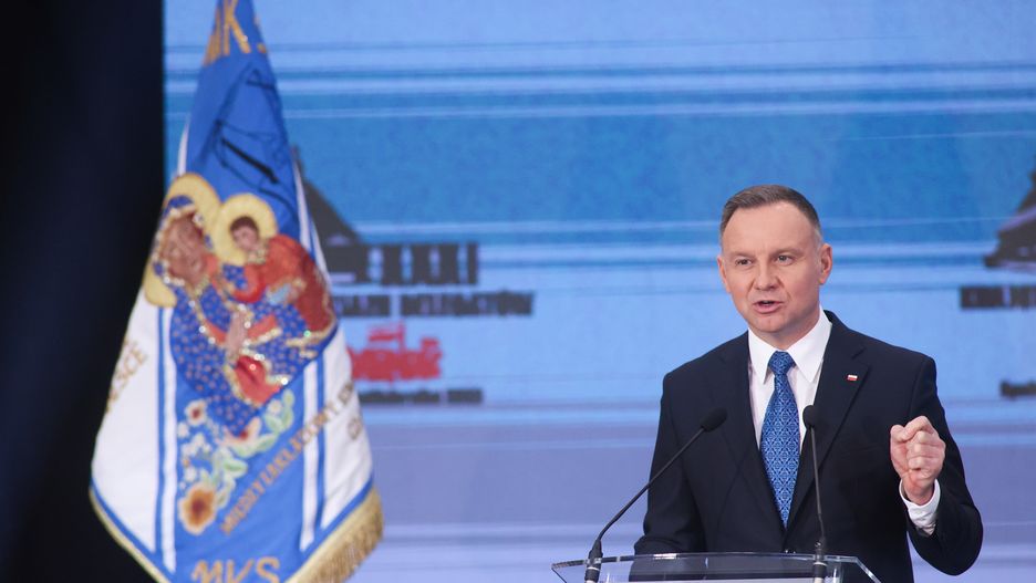 Spała, 19.10.2023. Prezydent RP Andrzej Duda na 31. Krajowym Zjeździe Delegatów NSZZ "Solidarność" w Centralnym Ośrodku Sportu w Spale, 19 bm. (aldg) PAP/Marian Zubrzycki