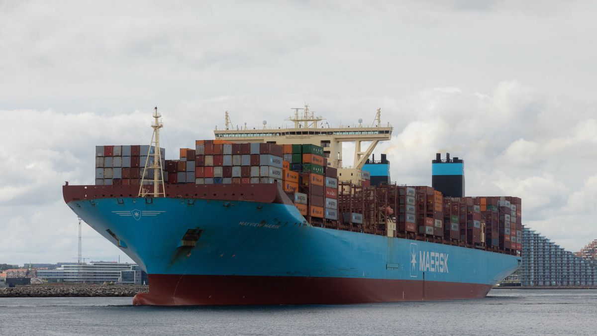 Danish container vessel Mayview Maersk sails out of Aarhus Harbour, Denmark, on August 4, 2025. (Photo by Kristof Z. Markovics/NurPhoto via Getty Images)