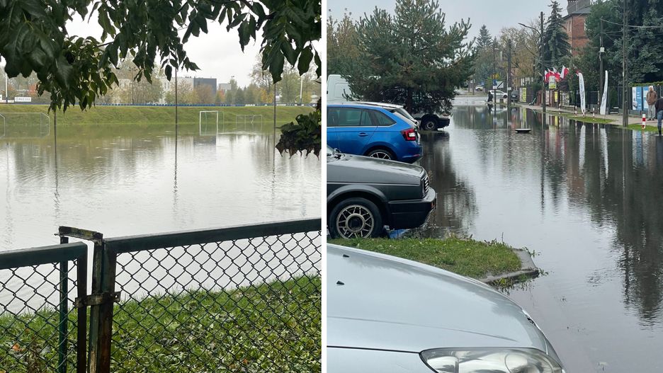 Zalane boiska i ulice obok Okęcia