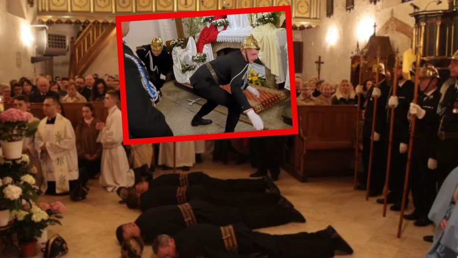 Strażacy symbolicznie upadli / uciekli sprzed grobu Jezusa. Fot. OSP Jasień, OSP Maszkienice
