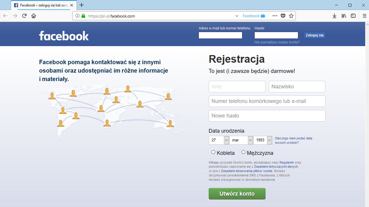 O działaniu dodatku informuje wyłącznie niebieska nazwa Facebook na końcu paska adresu.