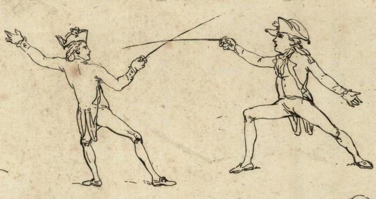 Pojedynek na szpady. Rysunek z końca XVIII wieku 
