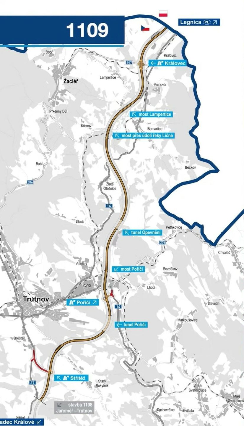 Schemat budowanego odcinka D11 od Hradec Kralove do granicy z Polską.