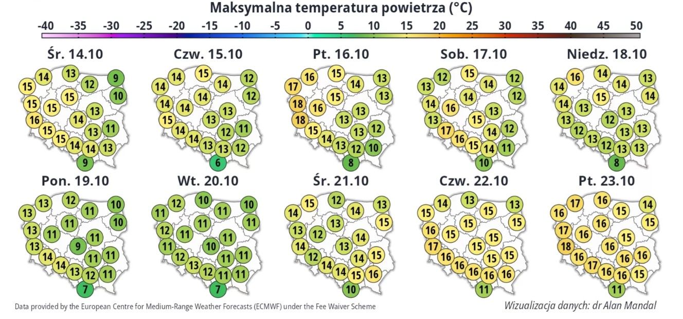 Maksymalne prognozowane temperatury powietrza.