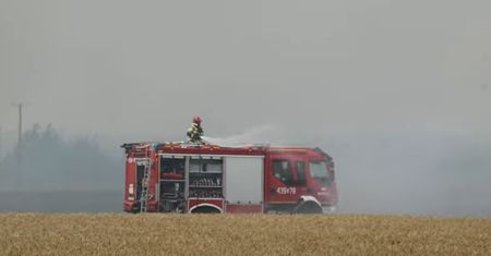 Pożar zboża na pniu. Dym nad drogą