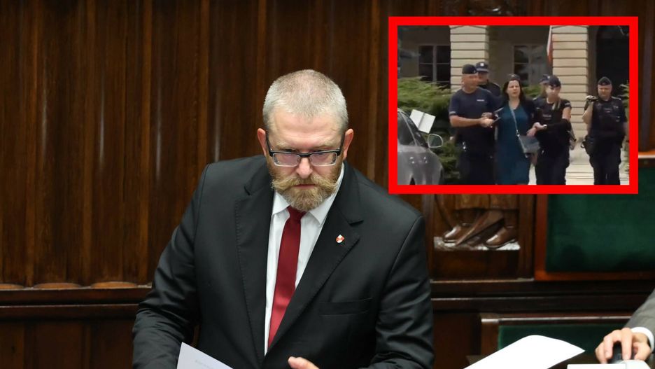 Grzegorz Braun i wyprowadzana z ministerstwa zdrowia Kaja Godek 