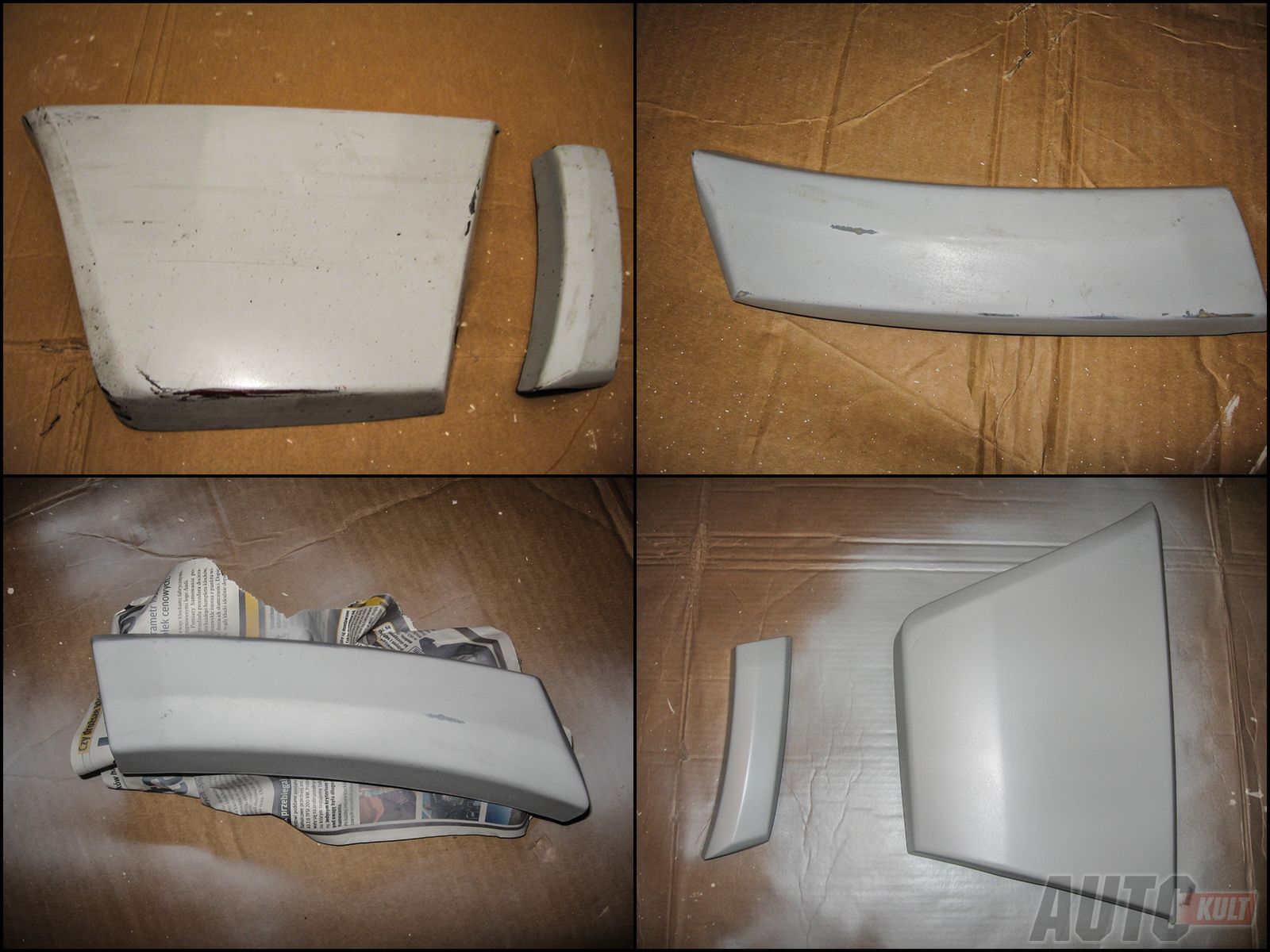 Kolejno: listwy przed naprawą, po oczyszczeniu, po nałożeniu podkładu, po polakierowaniu