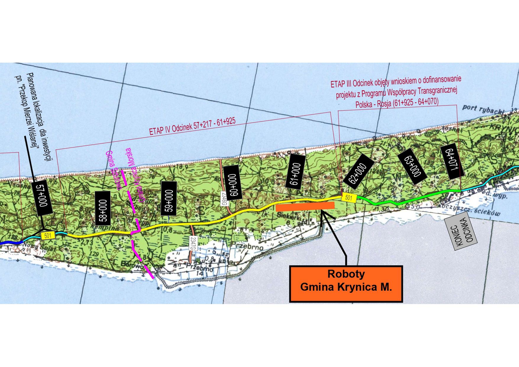 DW 501 z zaznaczonymi odcinkami, na których ruch odbywa się wahadłowo
