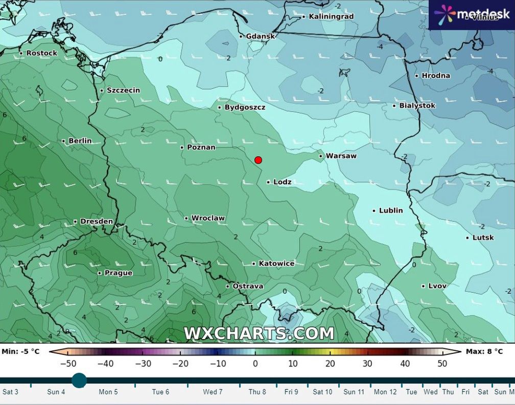 Mapa odczuwalności wiatru w Polsce. Zaznaczono niedzielę 4 lutego 2024 r. 