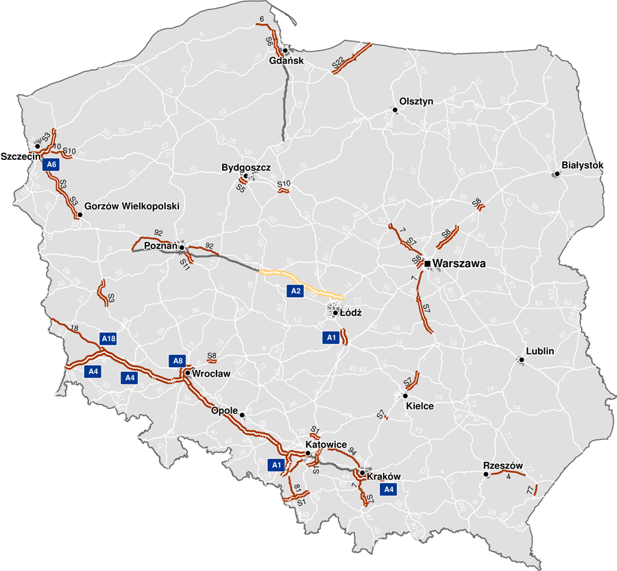 Mapa odcinków poboru opłat. Stan na 1 lipca 2011 (źródło www.viatoll.pl)