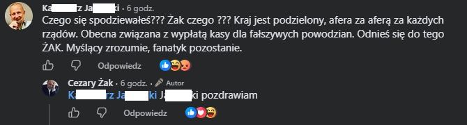 Komentarz Cezarego Żaka na Facebooku
