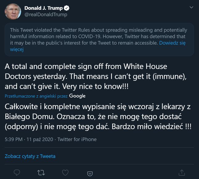 oznaczony jako szkodliwy wpis Donalda Trumpa na Twitterze, fot. Jakub Krawczyński