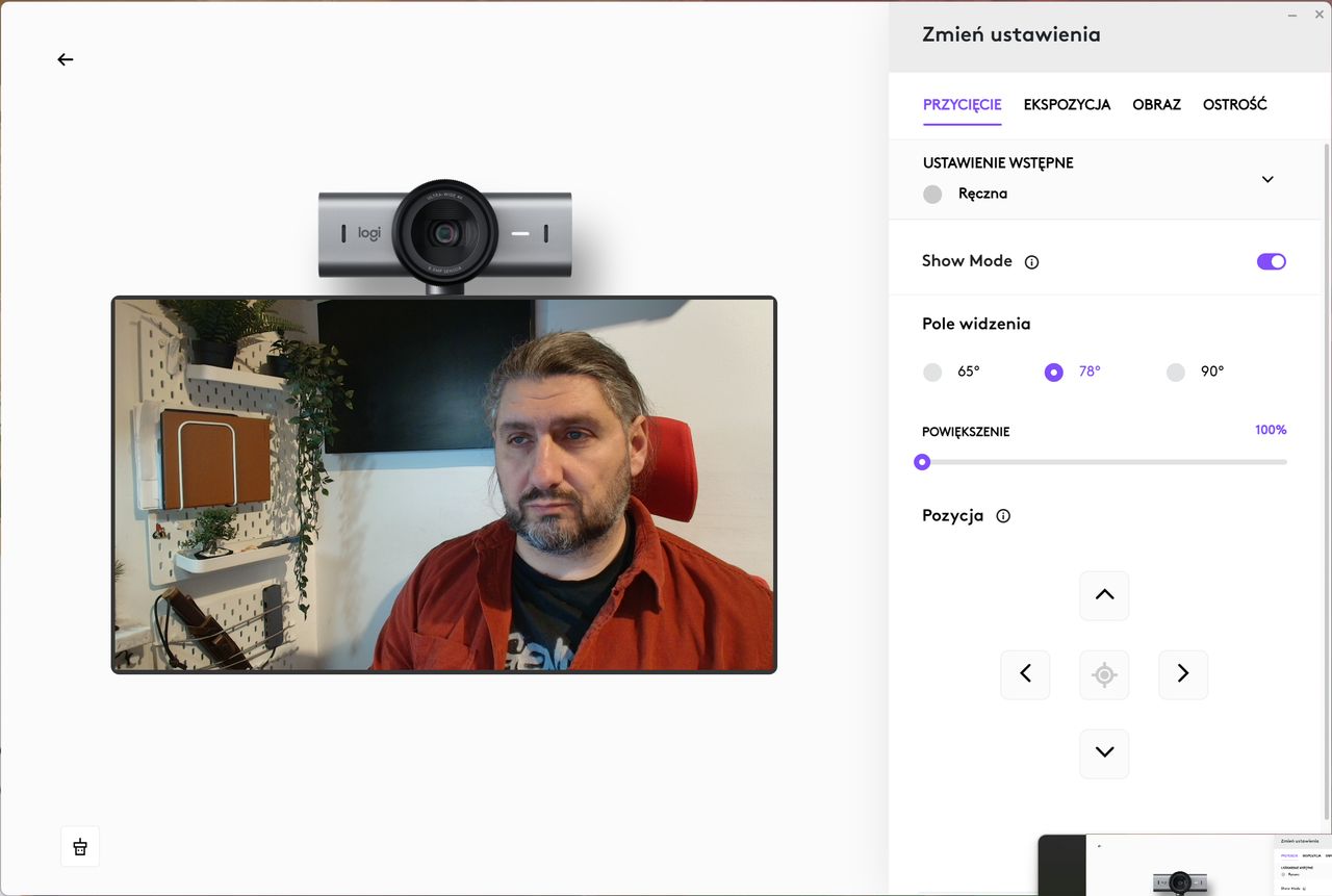 Oprogramowanie Logitech MX Brio, zmiana pola widzenia na 78 stopni