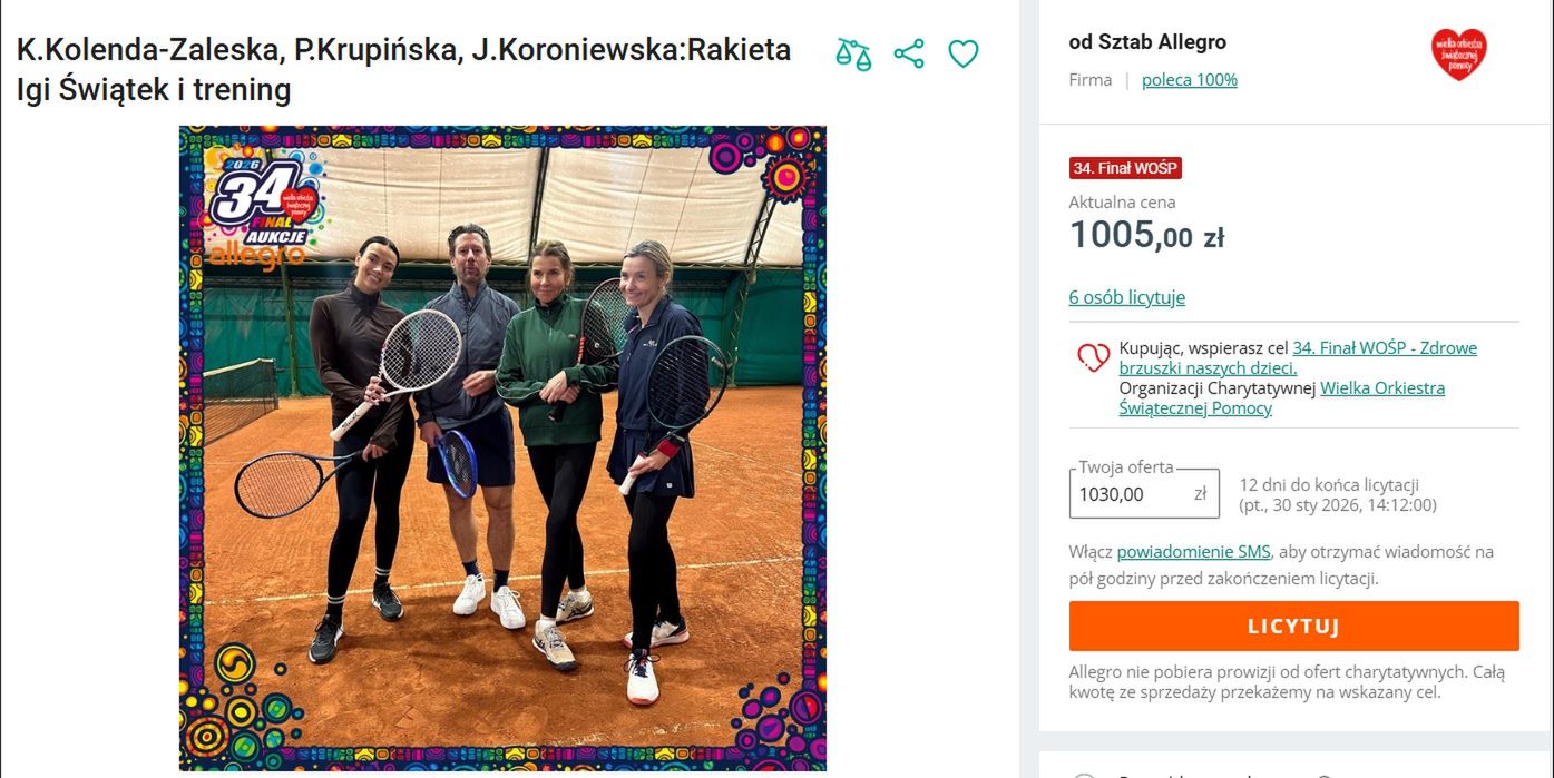 Licytacja rakiety Igi Świątek na WOŚP 2026