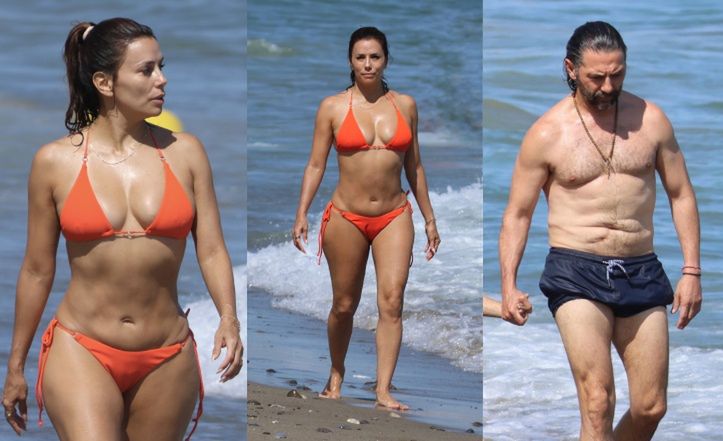 Eva Longoria w pomarańczowym bikini eksponuje talię klepsydry, uskuteczniając "plażing" z mężem (ZDJĘCIA)