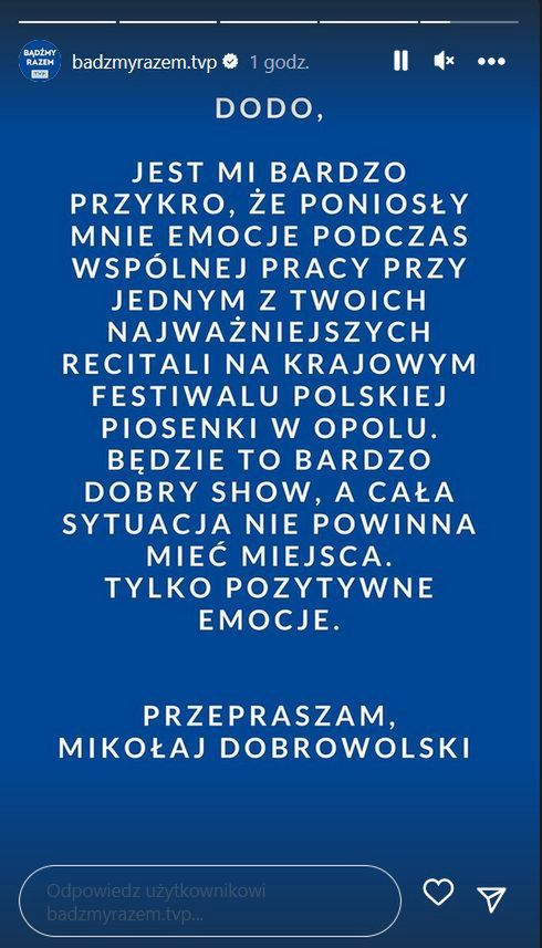 Oświadczenie reżysera festiwalu w Opolu na profilu TVP