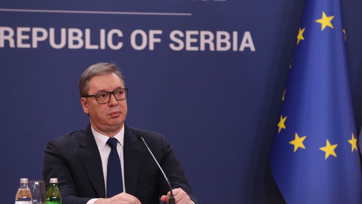 BELGRADE, SERBIA - APRIL 06: Serbian President Aleksandar Vucic speaks during a press conference in Belgrade, Serbia on April 06, 2025. President Aleksandar Vucic has appointed professor of endocrinology Djuro Macut from the University of Belgrade's Faculty of Medicine to form the new Serbian government following the former Prime Minister Milos Vucevic resigned after the fatal accident in Serbia in November 2024. (Photo by Filip Stevanovic/Anadolu via Getty Images)
