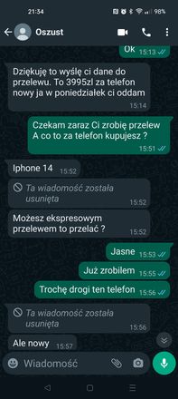 Rozmowa z oszustem przez WhatsAppa