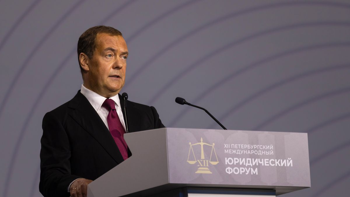 ST  PETERSBURG, RUSSIA - 2024/06/27: Deputy Chairman of the Security Council of the Russian Federation, Chairman of the United Russia party Dmitry Medvedev seen during the plenary session 'Law is the basis of global balance' on the second day of the St. Petersburg International Legal Forum. The St. Petersburg International Legal Forum is the largest platform for dialogue between representatives of the legal, business, political, and law enforcement communities on issues of law in the interests of citizens, business, improving law enforcement practice, promoting legislative initiatives to develop legal culture and regulate the socio-economic sphere in modern conditions. (Photo by Artem Priakhin/SOPA Images/LightRocket via Getty Images)