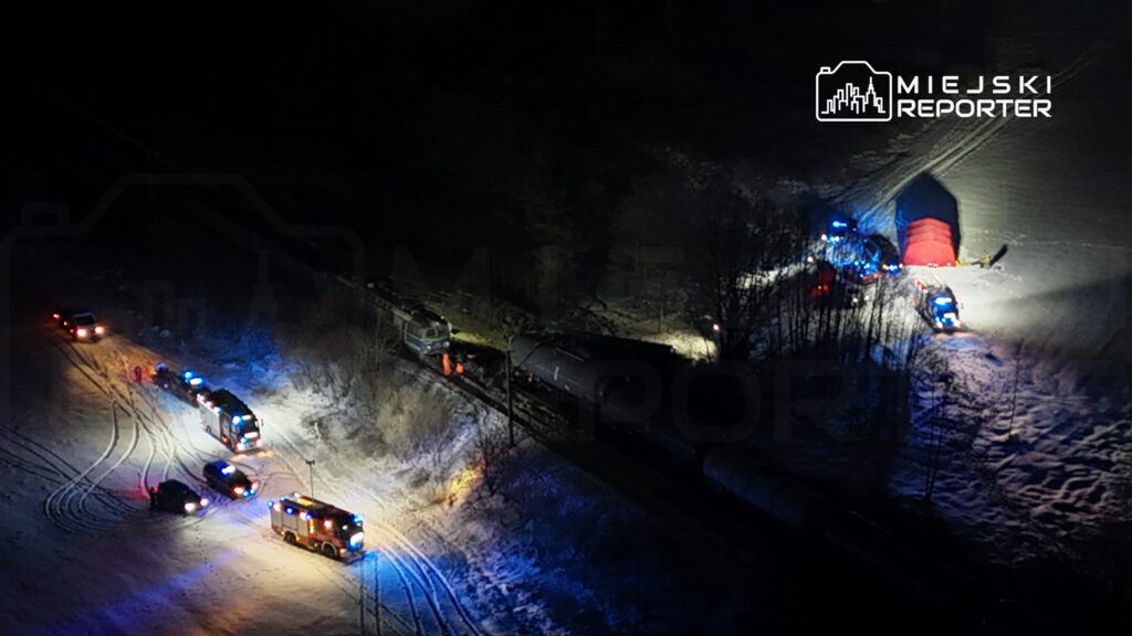 Grupa ratowników pracuje przy wykolejonym pociągu, otoczona przez pojazdy służb ratunkowych na zaśnieżonym terenie.